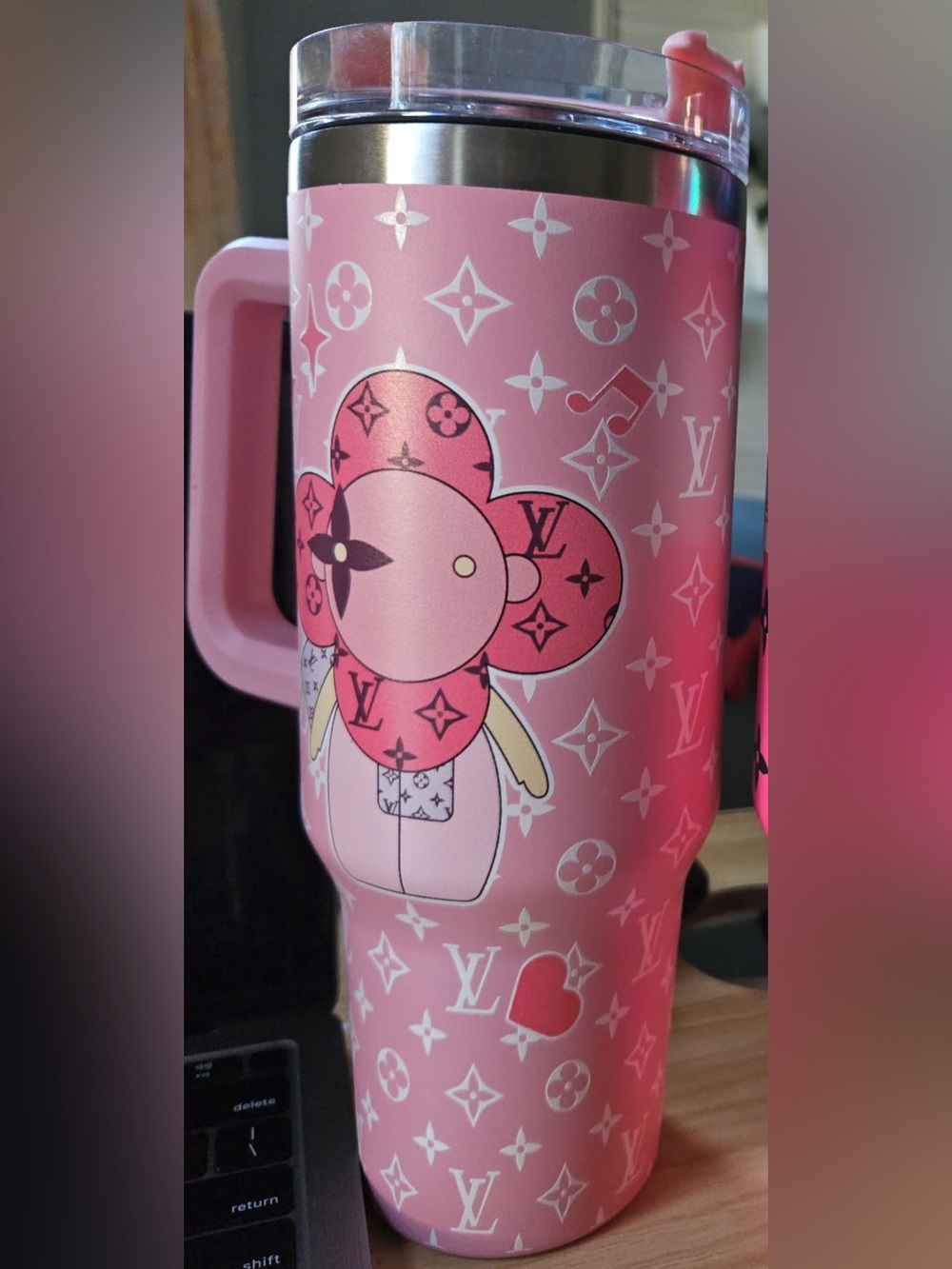 Louis Vuitton Printed Light Pink Travel Mug with Handle new with Box